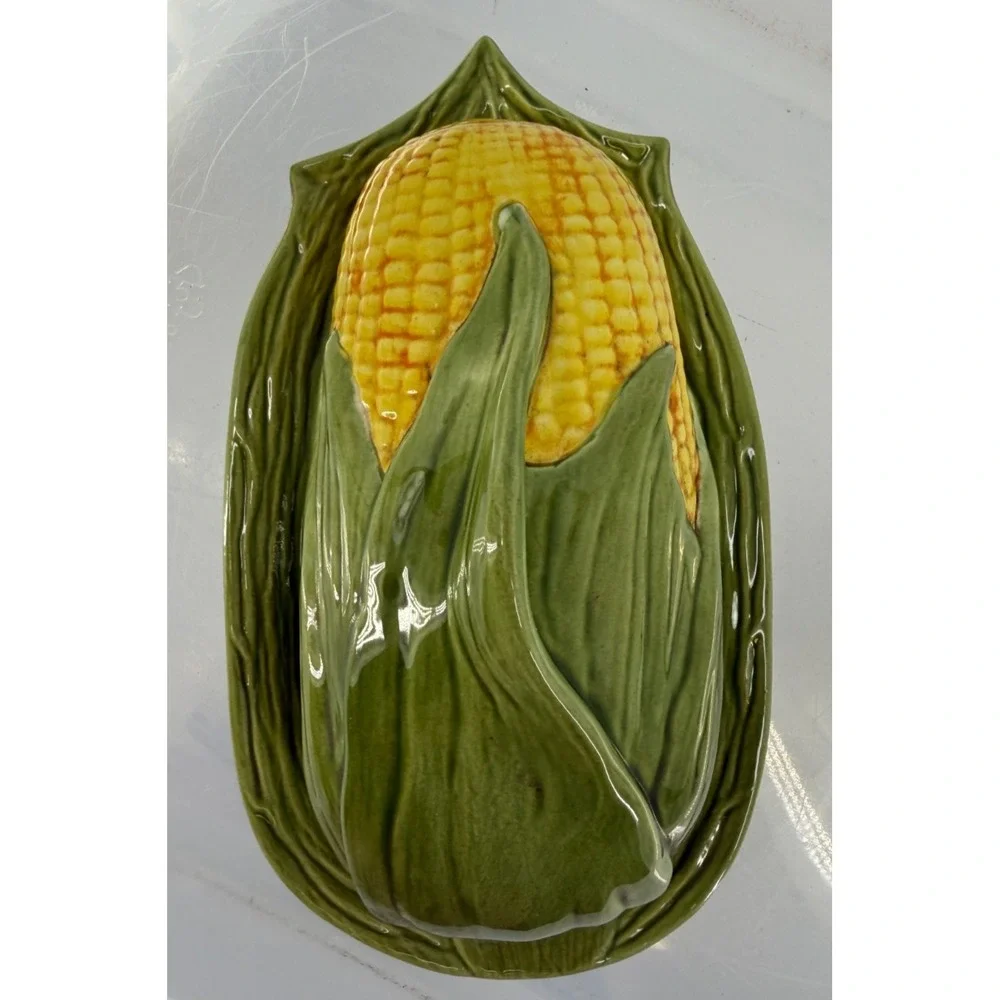 Vintage Corn on the Cob Covered Butter Dish Majolica Style Ceramic Farmhouse 8.5